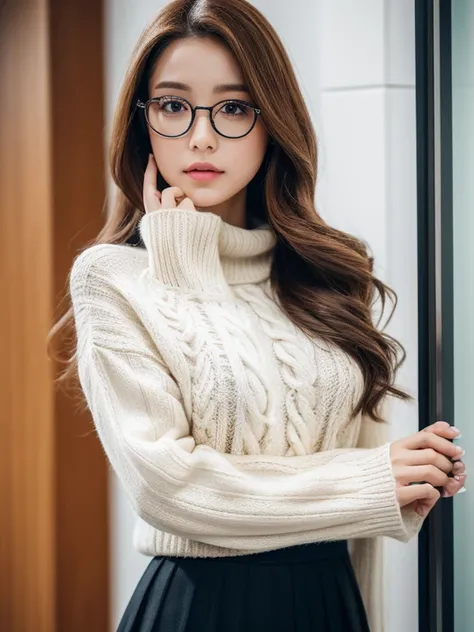 master piece，E-commerce shooting，best quality，8K，official art，cinematic light，ultra high resolution，1 huge breasts，，mature，solo，gem，glasses，skirt，white long hair，looking at the viewer，sweater，ホワイトsweater，brown hair，with brown eyes，white background，Jacket，s...