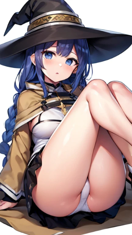 highest quality、one girl，full body figure，child、ロリbig breasts、big boobs，big ，Perfect five-finger、two perfect legs、two perfect legs、Roxy Migurdia、blue eyes, blue hair, bangs, brown cape, witch hat, braid,、shy face、perfect thing、big breasts、detailed descript...