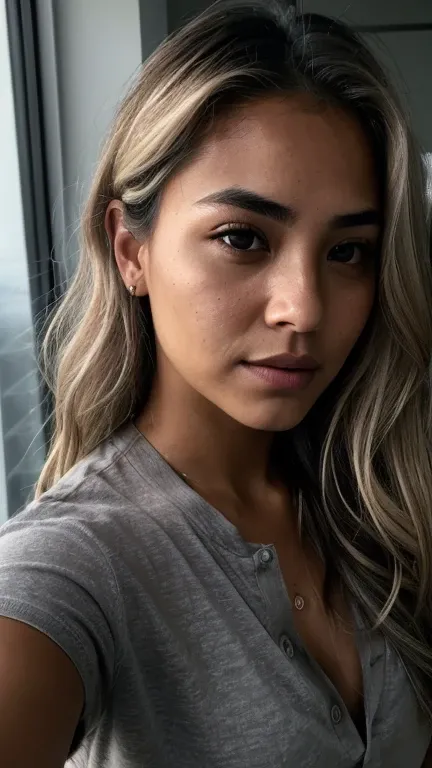 selfie portrait photo straight view of 32 y.o (tanned:1.3) female face only, wearing gray shirt, wavy dirty-blonde hair, cinematic shot, very dark dramatic blind lighting 8k uhd, natural color palette (light-brow-eyes:1.2)