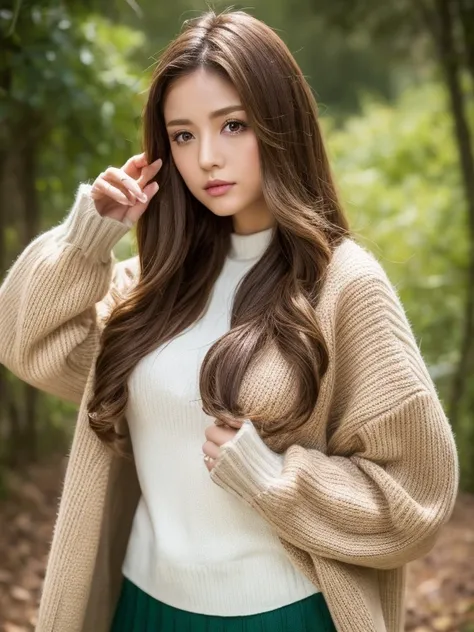 master piece，E-commerce shooting，best quality，8K，official art，cinematic light，ultra high resolution，1 huge breasts，，mature，solo，gem，mini skirt，brown long hair，looking at the viewer，sweater，ニットsweater，brown hair，with brown eyes，nature background，Jacket，leev...