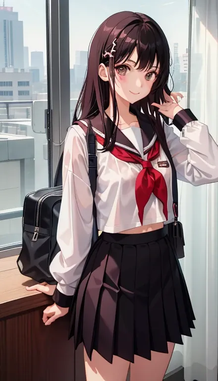 1girl in、A smile、The shirt、skirt by the、（）Chilarism、Japan High School Student Uniform、serafuku、summer clothing、Squall Drenched Uniform、（Sheer Bra）、Upper body portrait、