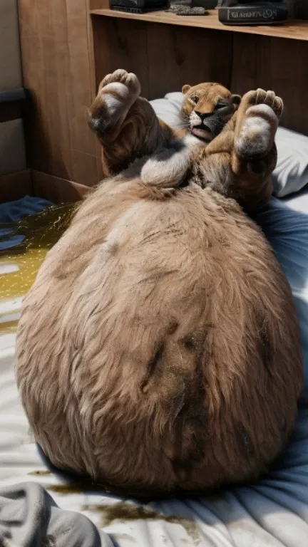 (((feral toddler lion, fluffy, on back, hyper sheath, hyper balls, legs up, dirty balls, dirty, on bed, hyper belly, excessive urine)))), best quality, ((((photorealistic, hyperrealistic)))), ultradetailed, detailed background, rear view