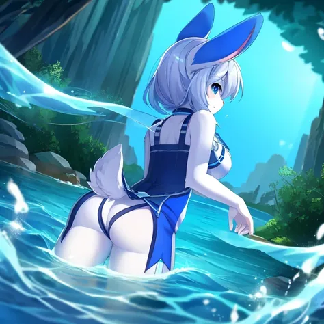 rabbit，flowing water around，blue，clear，Detailed character details