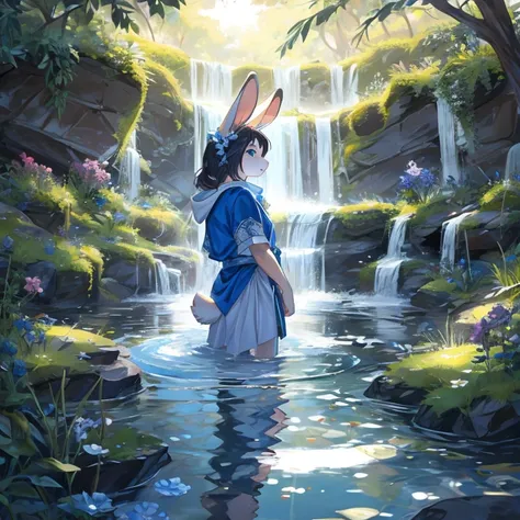 rabbit，flowing water around，blue，clear，Detailed character details