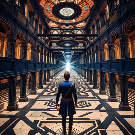 labyrinth, multiple_paths, divergent_narrative, escher_style, intricate_lines, illusory_perspective, vibrant_colors, contrasting_colors, maze, facial_expression_surprise, facial_expression_curiosity, bright_lighting, atmosphere_of_discovery, atmosphere_of_...