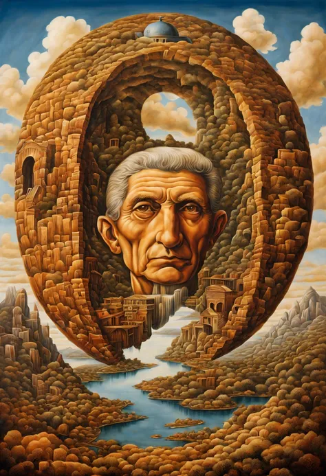 Octavio Ocampo style, Octavio Ocampo Metamorphic painting, Optical Illusions, full compliance with Octavio Ocampo style, double exposure, double content