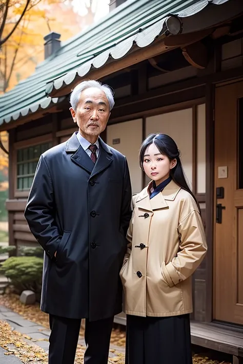 Twenty five year old Korean woman with golden eyes, full lips, narrow nose dressed in autumn type clothes. Standing next to an older Korean man, her father, in front on a small cottage at the edge of the forest. Both seem happy. 