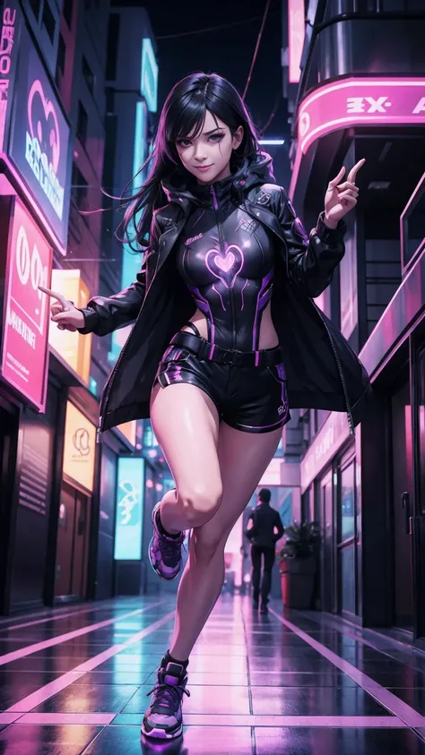 A portrait of the outside of a Mirror Skyscraper, running sprinting Upwards on the Outside Glass Window of the building, a young beautiful mature female with Long and black hair, silver eyes, Caucasian traits, wearing a black and purple Cyberpunk full body...