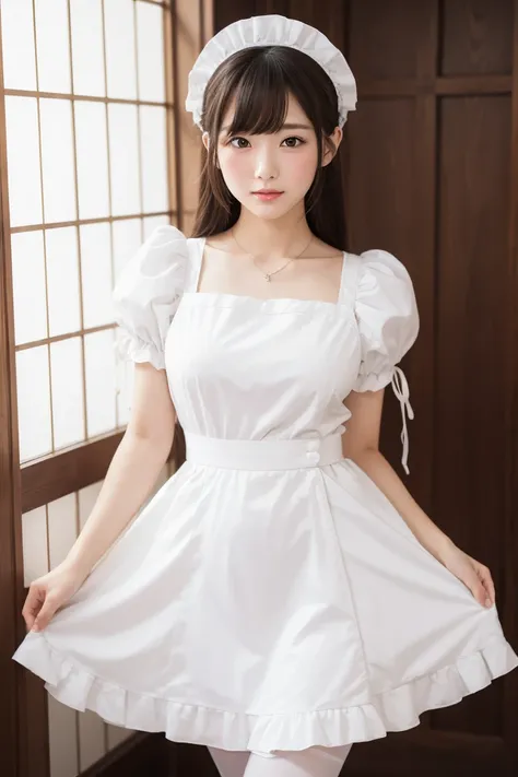 araffe asian woman in white dress posing for a picture, a pastel inspired by Fujiwara Takanobu, tumblr, shin hanga, maid outfit, maid dress, cosplay of a catboy! maid! dress, , white puffy outfit, white monochrome color!!!!!, dressed in a beautiful white, ...