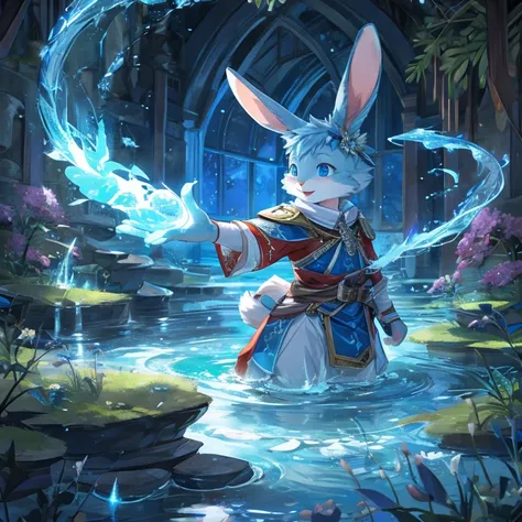 rabbit，flowing water around，blue，clear，Detailed character details，magic，fantasy