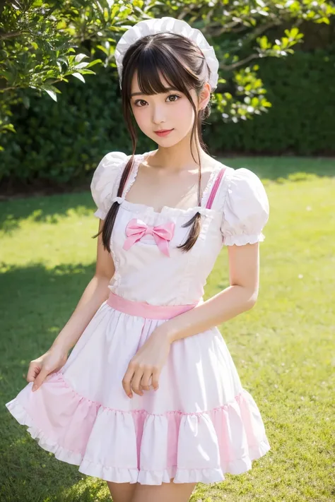 araffe asian woman in white dress posing for a picture, a pastel inspired by Fujiwara Takanobu, tumblr, shin hanga, maid outfit, maid dress, cosplay of a catboy! maid! dress, , pink puffy outfit, pink color!!!!!, dressed in a beautiful pink, lolita style, ...