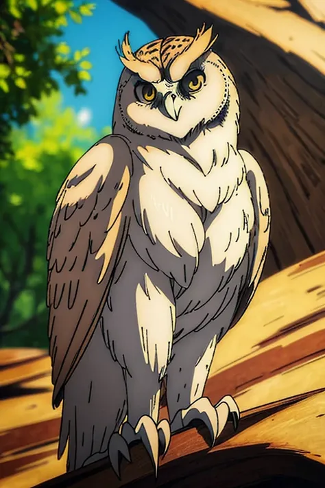 A white faced scops owl with brown eyes perched on a branch, rendered in the mappa art style with vivid colors. The owl should be highly detailed and realistic, capturing every feather and intricate texture. The background should complement the owl, enhanc...