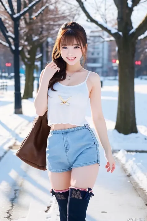 The cutest girl who works as a gravure idol goes to a snowy park、with shiny brown hair、(Showing off her white panties 1.5)、Standing on your knees、slender body、she is seductive in a short tank top、Navel exposed、 beautiful skin, Attractive thighs、and long bo...