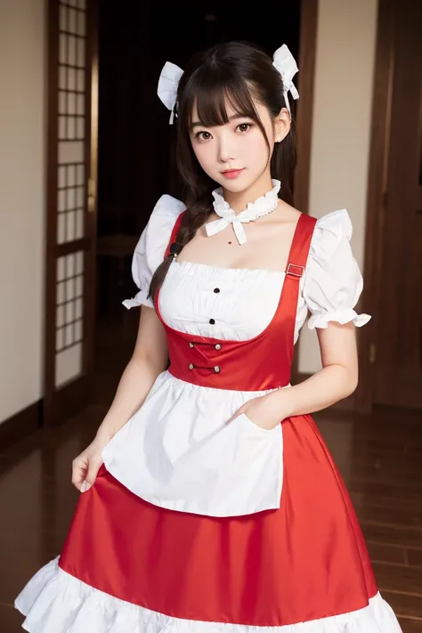 araffe asian woman in white dress posing for a picture, a pastel inspired by Fujiwara Takanobu, tumblr, shin hanga, maid outfit, maid dress, cosplay of a catboy! maid! dress, , red puffy outfit, red color!!!!!, dressed in a beautiful red, lolita style, whi...