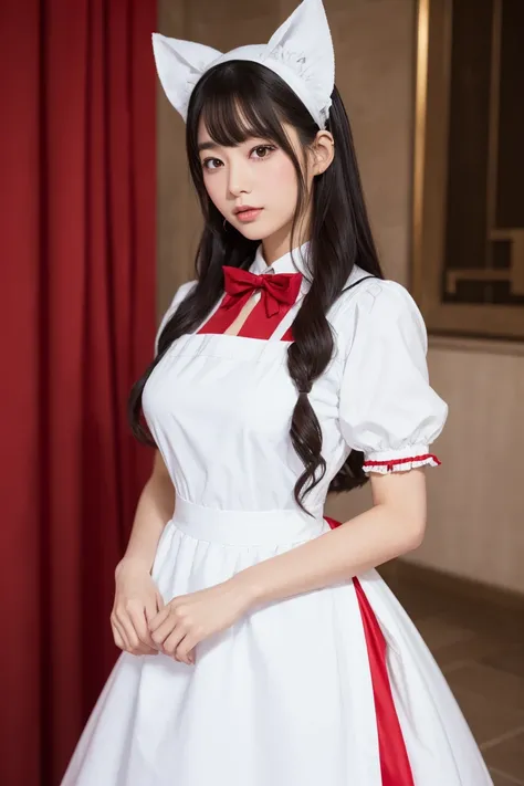 araffe asian woman in white dress posing for a picture, a pastel inspired by Fujiwara Takanobu, tumblr, shin hanga, maid outfit, maid dress, cosplay of a catboy! maid! dress, , red puffy outfit, red color!!!!!, dressed in a beautiful red, lolita style, whi...