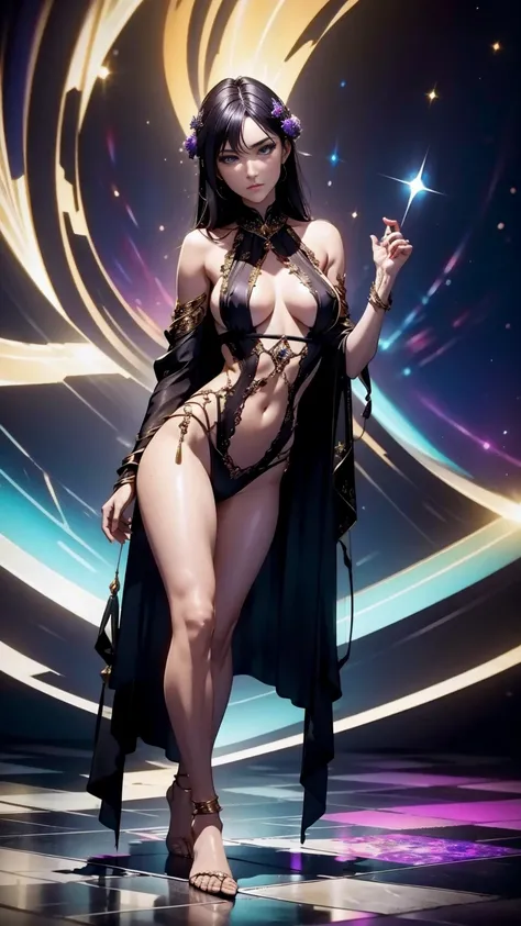 An ultra-realistic and ultra-detailed ((full body portrait)) of a gorgeous  caucasian celestial goddess, barefoot with long black hair, (silver eyes), ((small breasts)) wearing (torn and ripped) purple silk lingerie, Striking a ((Sexy Pose)), Galactic Clou...