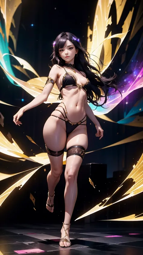 An ultra-realistic and ultra-detailed ((full body portrait)) of a gorgeous  caucasian celestial goddess, barefoot with long black hair, (silver eyes), ((small breasts)) wearing (torn and ripped) purple silk lingerie, Striking a ((Sexy Pose)), Galactic Clou...