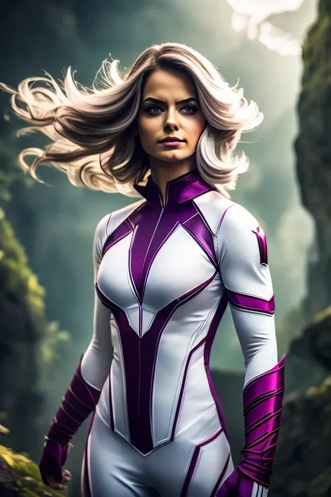 female superhero, white costume, purple, red and green details, trillium flower as chest logo, heroic pose.