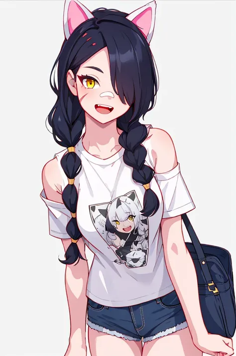 erisa, 1girl, solo, long hair, looking at viewer, black hair, bandaid on face, yellow eyes, animal ears, smile, bandaid on nose,...