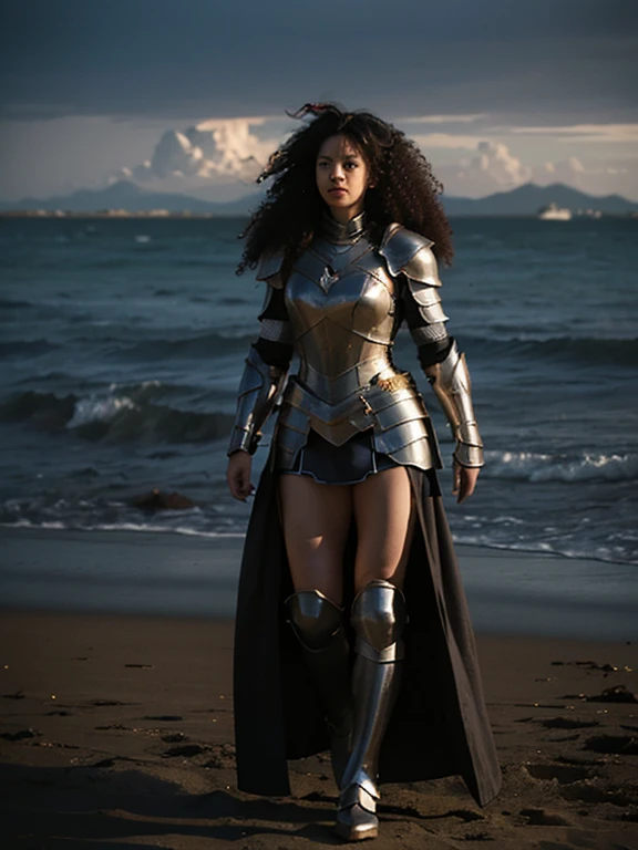 A full-length Amazon woman, strong and proud, wearing armor and a sword, long curly afro hair, looking with determination towards the horizon