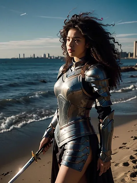 A full-length Amazon woman, strong and proud, wearing armor and a sword, long curly afro hair, looking with determination towards the horizon