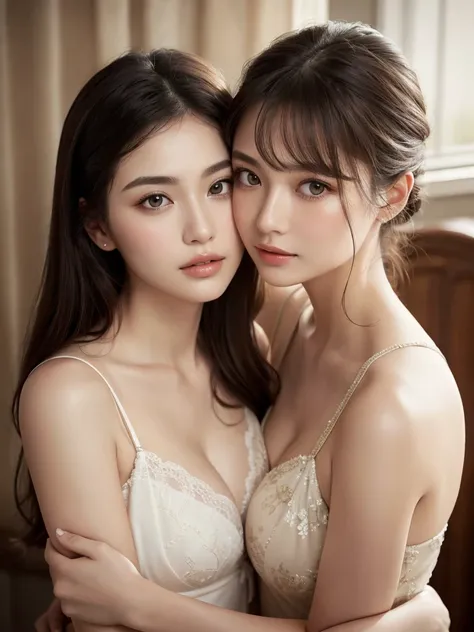 (8K, top-quality, masterpiece:1.2), (reallistic, Photorealistic:1.2), Two beautiful women, Deeply in love, Touching breasts over clothes, Embracing each other, Intimate connection, Fine and beautiful eyes, Inviting eyes, Detailed skin, Hyper-Realism, Ultra...