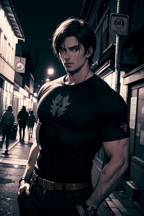 ((best quality)), ((masterpiece)), (detailed), perfect face , Raccoon city street  in the background, Leon Kennedy Resident Evil 4 26 year old, Fitness male, tall and hunk, black cold t-shirt, black trousers,  handgun in hand, handsome, video games style, ...