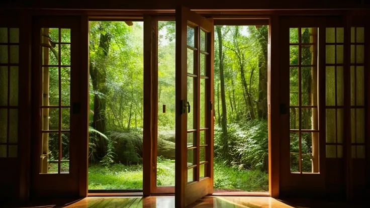 Open the door and the room beyond the door is a forest,,Photo-like high quality