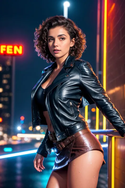 20 year old brunette girl, leather jacket,cape,and mini skirt,short curly hair,bottom to top angle,flying in a city at night neon,in wet rain,8k ultra realistic