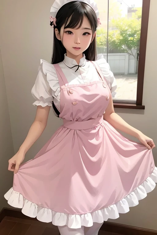 araffe asian woman in white dress posing for a picture, a pastel inspired by Fujiwara Takanobu, tumblr, shin hanga, maid outfit, maid dress, cosplay of a catboy! maid! dress, , pink puffy outfit, pink color!!!!!, dressed in a beautiful pink, lolita style, ...