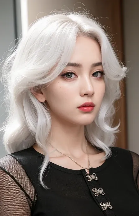 a close-up of a woman with a necklace on her neck, white hair and large eyes, curly middle part haircut, white hair and brown ey...