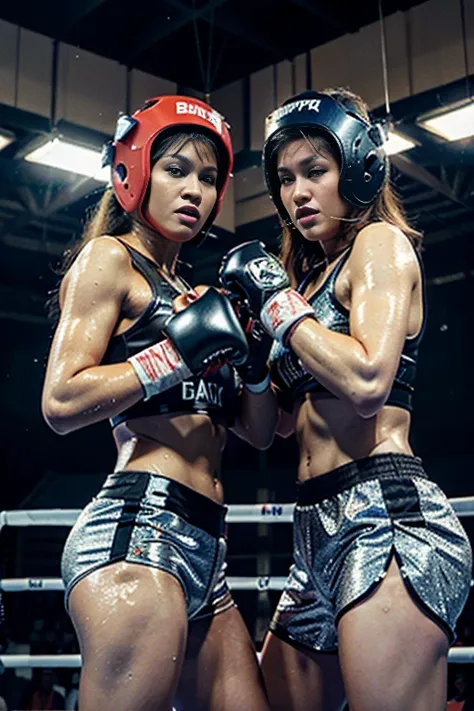 (original) , (very detailed wallpaper) , (best quality) , (masterpiece) , photographic reality, realistic, very detailed illustrations, (2 girls, 18 years old) , Indonesian female boxers, dark skinned,  (serious faces) , perfect detail, (best lighting) , (...