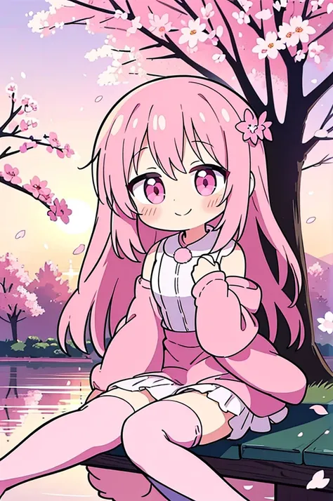 sakuramiku, upper body, smile, blush, sitting, ((cherry blossoms)), ((pink sleeve)), pink tone, ((pink stockings)), pink sky, sunset, lake, reflection