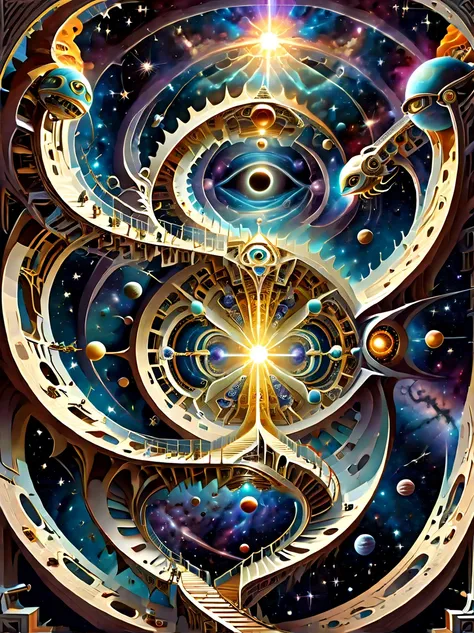 ((escher illusion art style:1.8)),(eyes,space,universe,galaxy,celestial ladder,technology,machinery,chains),composition should be intricate and complex,featuring geometric shapes and patterns to connect these elements in a way that creates strong visual il...