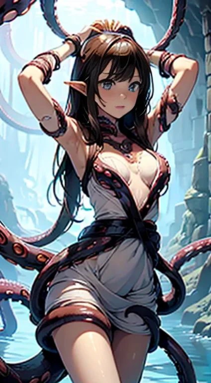 ((masterpiece)), ((best quality)), (ultra-detailed),(in the cave),(monster),(((many tentacles wrap arotnd the body))),a cute girl, 1girl, solo, (white girly dress),((many tentacles bound arms)), ((thin waist)),large breast, slim, slender,beautiful brown ha...