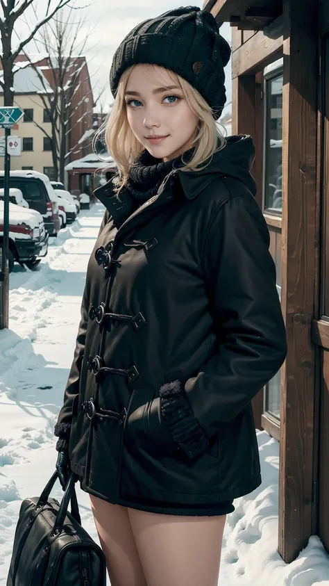 25-year-old Caucasian woman、platinum blonde、blue eyes、semi-long、my hair is wavy、smile、slim muscular body、I don&#39;t want my head to disappear from the screen.、wearing a high neck sweater、Wearing a duffel coat、wearing mitten gloves、I&#39;m in a snowy town、...