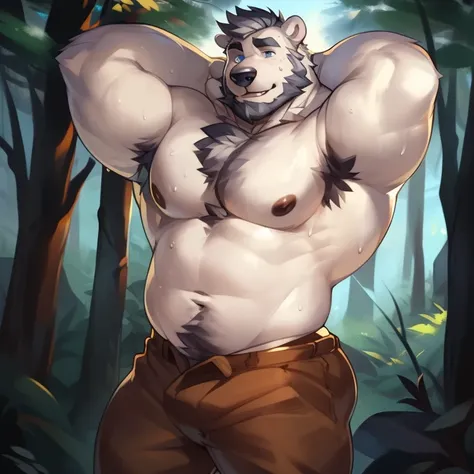 Solo, male, by darkgem, by mystikfox61, by glitter trap boy, standing, beard, very muscular, buff, strong, enormous, big, giant, powerful, tall polar bear, brown pants, no shirt, blue eyes, grey hair, sweat, sweaty, forest, nipples, hands behind head, armp...