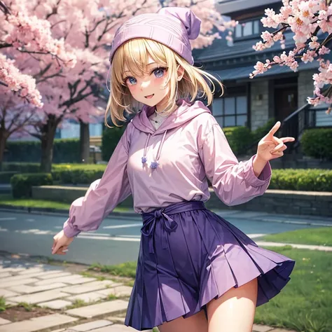 A 22 years old college student slender girl((  ))((looks like a grown-up compared with the same age)), blonde hair (( straight short hair ))(( a bit smooth curl)), Wearing tunic (( pale pink,  Sakura patterns )), anorak ((purple and indigo )), and black lo...