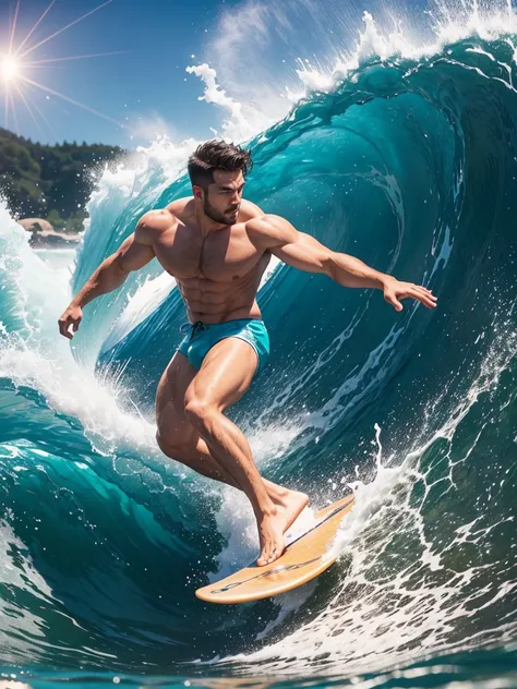 8k，8K resolution，一位武术家打扮的surf者，Riding on the top of a huge wave，Use kung fu and water control to navigate the water，Enjoy panoramic views of the sea and turquoise waves，muscular european, handsome man，charming eyes，rough real skin,beautiful, smooth and shi...