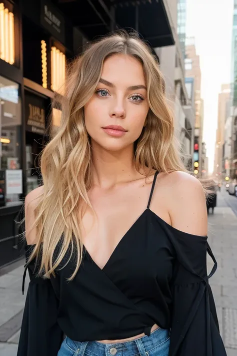 a young woman with long platin blond hair and blue eyes, in the style of precisionist, wavy, textural layering, light amber and pink, olive cotton, flattering lighting, effortlessly chic, wearing black top, in the city