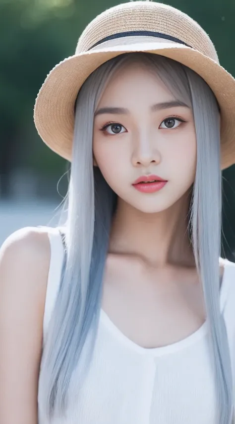 a close up of a woman wearing a hat and a top, a colorized photo by Lü Ji, trending on cg society, superflat, girl silver hair, beautiful young korean woman, ulzzang