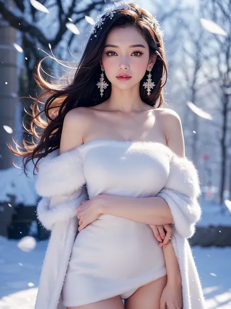 tmasterpiece、quality、ultra - detailed、Marilyn Tugue ， Focus on the thighs and above，Clear face，（Best quality）， beuaty girl：1.5、(Red fluffy off-shoulder dress style)，long hair fluttering，Snowflake earrings、snowflakes falling、bblurry、Snow World