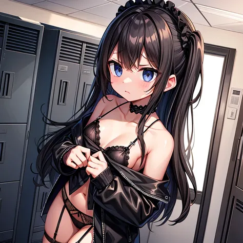 high quality,girl,not wearing clothes,Black lace underwear,In underwear,black garter belt,troubled face,locker room