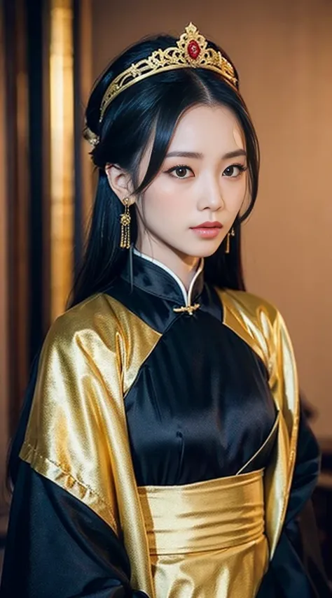 a close up of a woman in a black dress with a gold headpiece, hanfu, with acient chinese clothes, chinese style, chinese costume, palace ， a girl in hanfu, a beautiful fantasy empress, chinese dress, in dark robes with gold accents, ornate flowing robe, we...