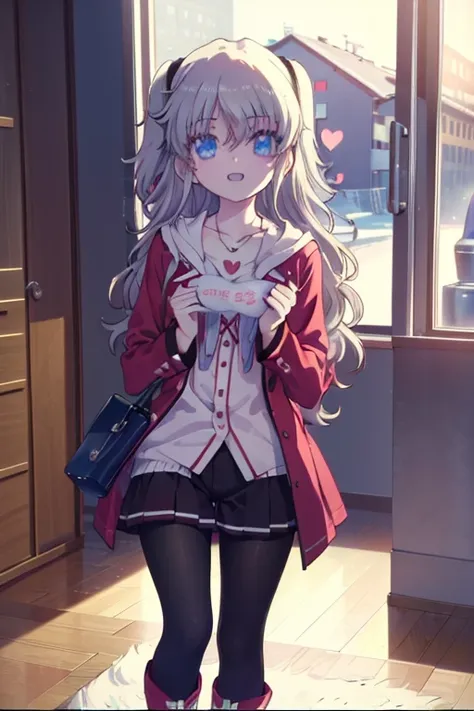 (((perfect image))), (disorganized), 1 girl, alone, nao tomori, red long coat,t-shirt,heart shaped pendant,shorts,black tights,s...