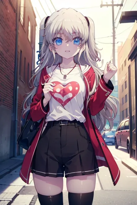 (((perfect image))), (disorganized), 1 girl, alone, nao tomori, red long coat,t-shirt,heart shaped pendant,shorts,black tights,s...