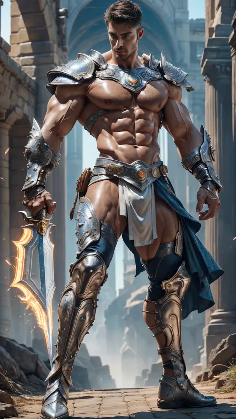  ( soldier warrior male 30 years old, Powerful gladiator, short hair！Male 30 years old, (((male body))). Handsome！Hairy pecs and abs(((male body))), man, Full-length man, perfect face shape, Silver Varono Spear Weapon, silver round shield on arm, anatomica...