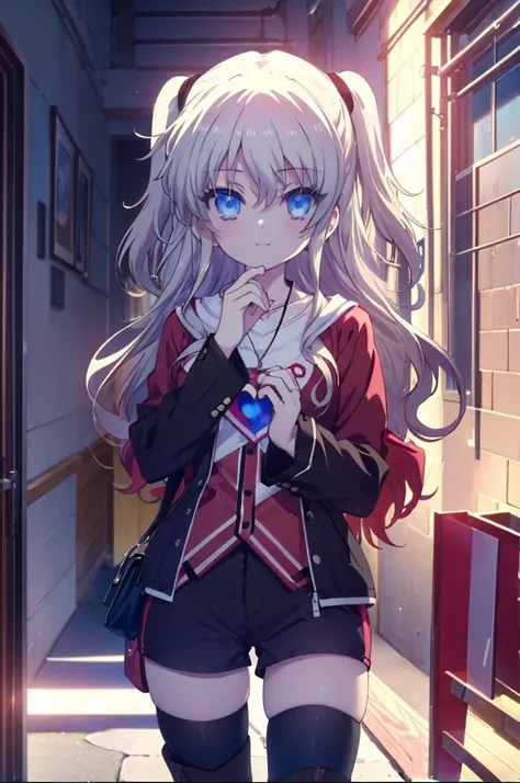 (((perfect image))), (disorganized), 1 girl, alone, nao tomori, red long coat,t-shirt,heart shaped pendant,shorts,black tights,s...