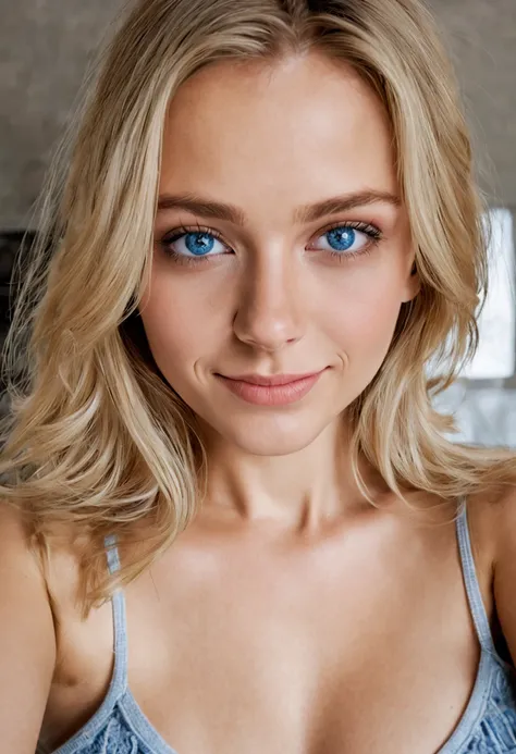 Selfie of Laura, Extremely attractive young woman, Blue eyes, blonde hair, thisSty, innocent face, 18-year-oldС, who look 16, regular photo in the bedroom, Shot with an iPhone camera, realistically, A small smile, mother, nipples appear, face accent