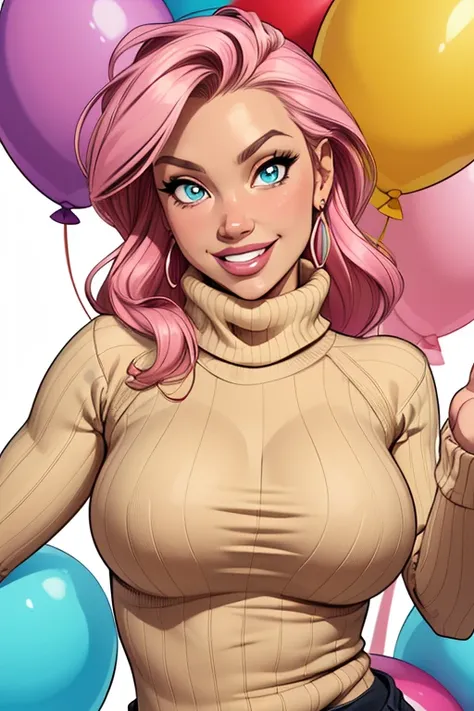 (cartoon style:1.2), Drawings of ([Jessica Simpson|Jennifer lawrance]), wearing a baggy turtleneck sweater, A big smile, perfect eyes, detailed face, party background, fun posing, flirty look, Hanabubuki, balloon